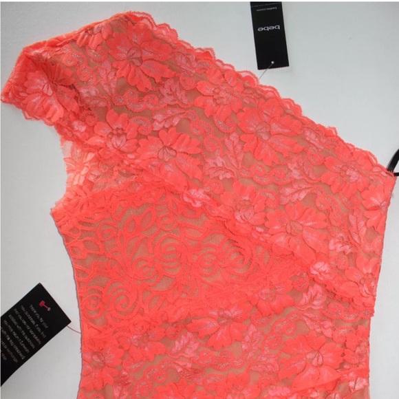 Bebe One Shoulder Lace Bandage Bodycon Dress S Bright Coral Pink NWT - Picture 11 of 14